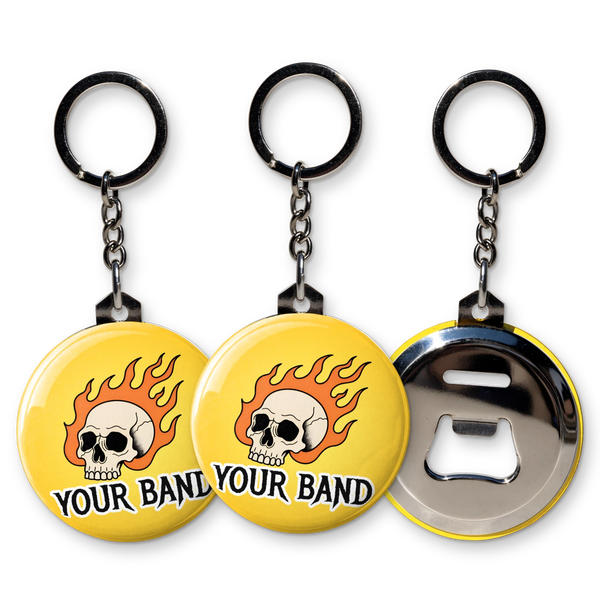 Three custom bottle opener keyrings with a flaming skull and Your Band design, with the chrome bottle opener back, chain and split ring