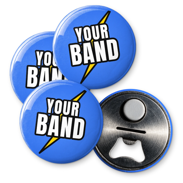 Three custom bottle opener magnets printed with Your Band and a yellow lightning bolt on blue, with the steel opener back and magnet shown