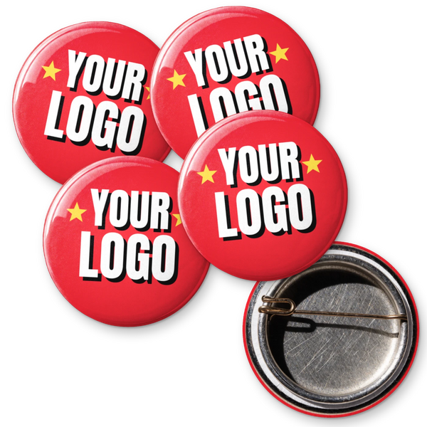 Four 25mm custom D-pin badges printed with Your Logo in white on red, with the open back and D-pin shown