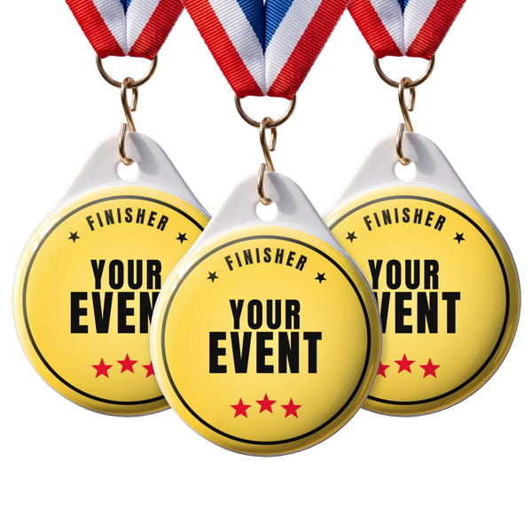 Three custom 58mm medals printed Finisher Your Event, each hanging from a small brass hook and jump ring on a red, white and blue striped ribbon