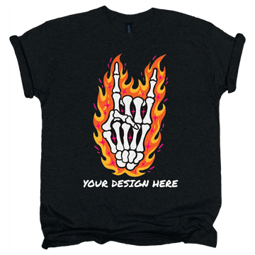 Custom one-off T-shirt: black heavy cotton tee printed with a flaming skeleton horns hand and YOUR DESIGN HERE