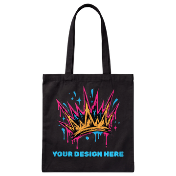 Custom one-off tote bag: black cotton tote printed with a graffiti crown and YOUR DESIGN HERE
