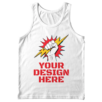 Custom one-off unisex vest: white vest printed with a raised fist, lightning bolt and YOUR DESIGN HERE