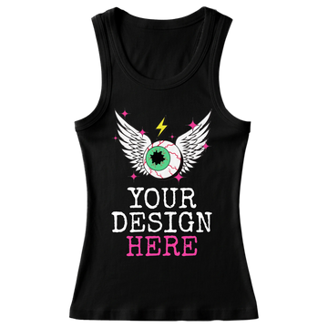 Custom one-off women's vest: black vest printed with a winged eyeball and YOUR DESIGN HERE