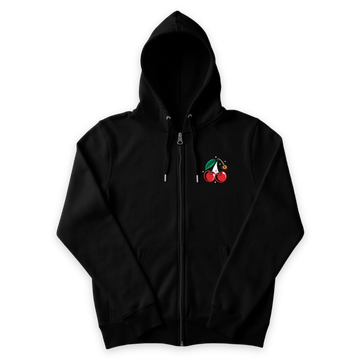 One-off custom zip hoodie: black zip hoodie, front view with the zip, printed full colour on the left chest with a cherry bomb design