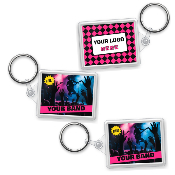 Custom clear acrylic photo keyrings 45x35mm printed with a gig photo and Your Band, one showing its back printed Your Logo Here, each with a clear connector and silver split ring