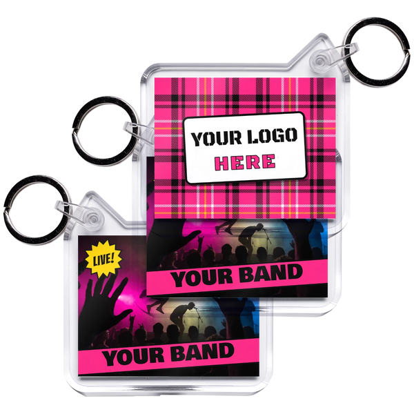 Custom clear photo keyrings 45x35mm for bands, printed both sides with a gig photo and Your Band logo, split rings attached