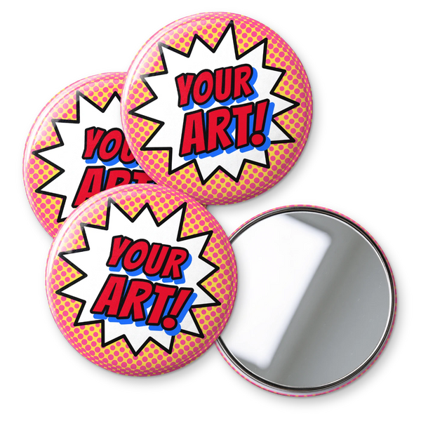 Three custom pocket mirrors printed with a pop-art Your Art comic burst, with the mirror back shown