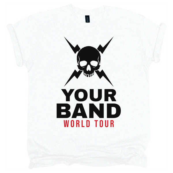 White custom T-shirt screen printed with a skull and lightning bolts, Your Band and World Tour in black and red