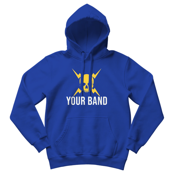 Cobalt blue custom hoodie screen printed with a big yellow skull and lightning bolts over large Your Band lettering, filling the front print area above the pocket