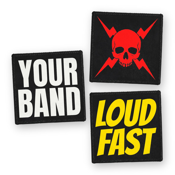 Three black custom sew-on patches screen printed with Your Band in white, a red skull and Loud Fast in yellow