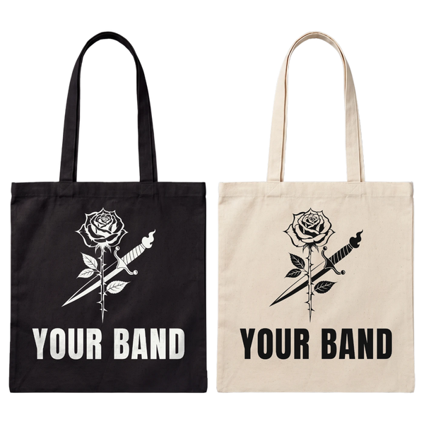 Black and natural custom tote bags screen printed with a rose and dagger and Your Band