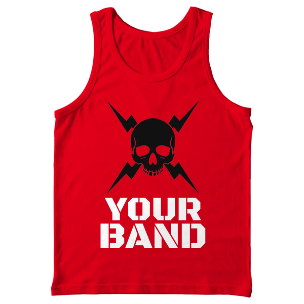 Red custom unisex vest screen printed with a black skull and lightning bolts and Your Band in white