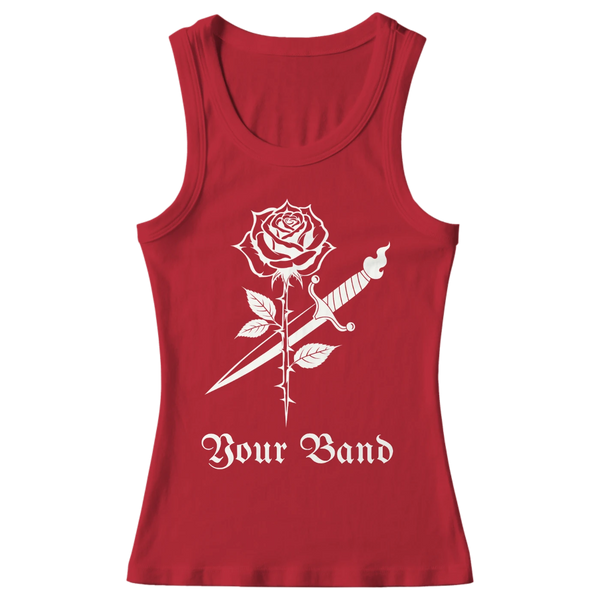 Cherry red women's custom vest screen printed in white with a rose and dagger and Your Band