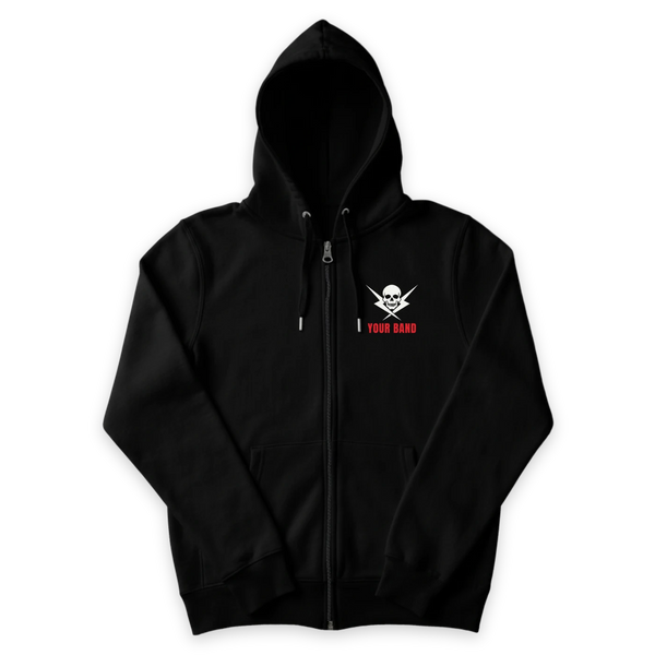 Black custom zip hoodie, front view with the zip, screen printed on the left chest with a white skull and lightning bolts logo and Your Band in red