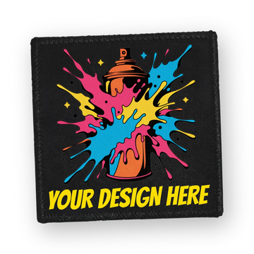 Custom sew-on patch: black patch printed with a spray can paint splat and YOUR DESIGN HERE