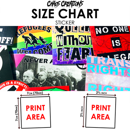 a variety of stickers with different messages and designs, including political and social themes. The stickers are of various sizes and are spread across a surface. The image is a collage of multiple images, and the stickers are described in terms of their size and print area.