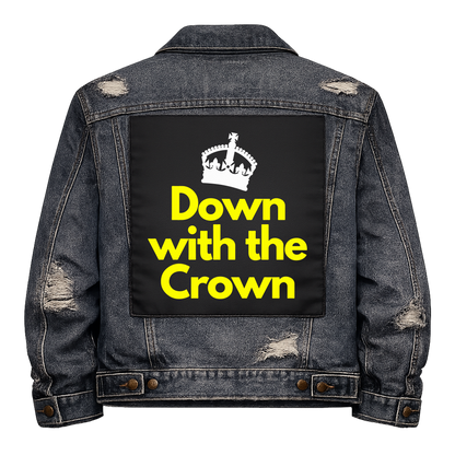 Down with the Crown Full Colour Back Patch shown on the back of a distressed denim jacket: white crown above yellow rounded lettering, reading "DOWN WITH THE CROWN"