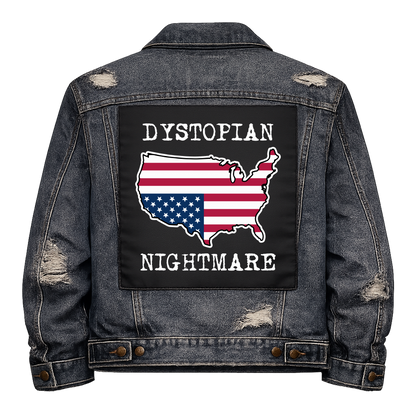Dystopian Nightmare Flag Full Colour Back Patch shown on the back of a distressed denim jacket: red, white and blue stars and stripes in the shape of the USA, reading "DYSTOPIAN NIGHTMARE"