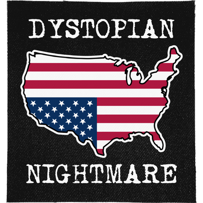 Dystopian Nightmare Flag Full Colour Patch: red, white and blue stars and stripes in the shape of the USA, reading "DYSTOPIAN NIGHTMARE"