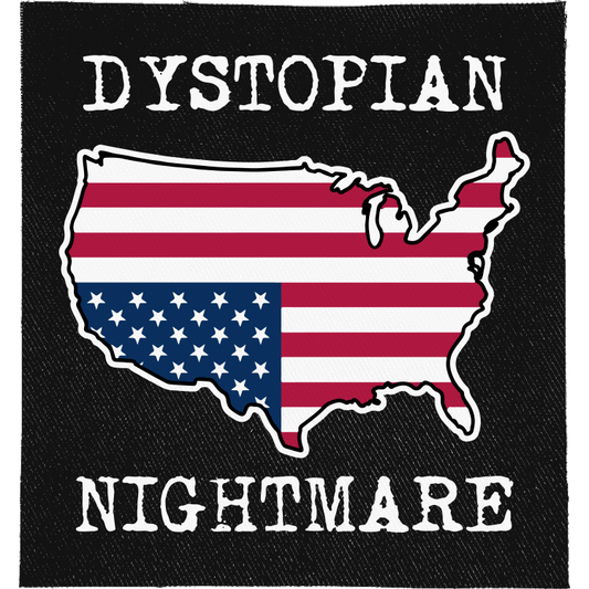 Dystopian Nightmare Flag Full Colour Patch: red, white and blue stars and stripes in the shape of the USA, reading "DYSTOPIAN NIGHTMARE"