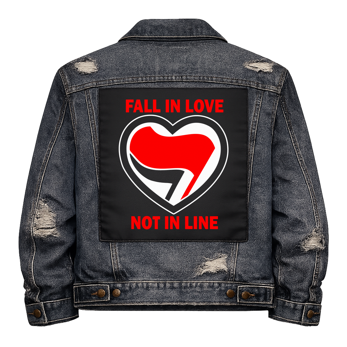 Fall in Love Not in Line Full Colour Back Patch shown on the back of a distressed denim jacket: heart holding red and black antifa flags, reading "FALL IN LOVE NOT IN LINE"