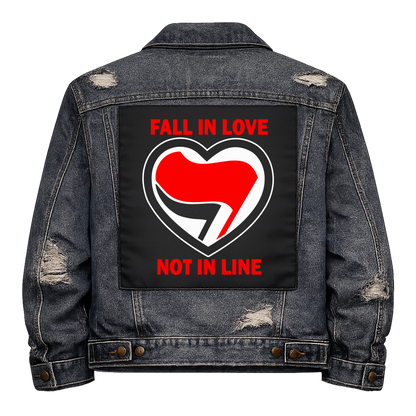 Fall in Love Not in Line Full Colour Back Patch shown on the back of a distressed denim jacket: heart holding red and black antifa flags, reading "FALL IN LOVE NOT IN LINE"