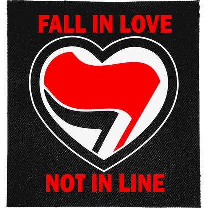 Fall in Love Not in Line Full Colour Patch: heart holding red and black antifa flags, reading "FALL IN LOVE NOT IN LINE"