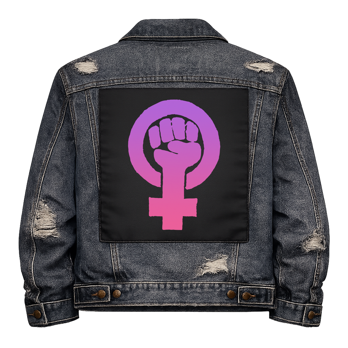 Feminist Fist Full Colour Back Patch shown on the back of a distressed denim jacket: raised fist inside a female symbol in a purple to pink gradient