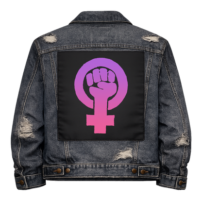 Feminist Fist Full Colour Back Patch shown on the back of a distressed denim jacket: raised fist inside a female symbol in a purple to pink gradient