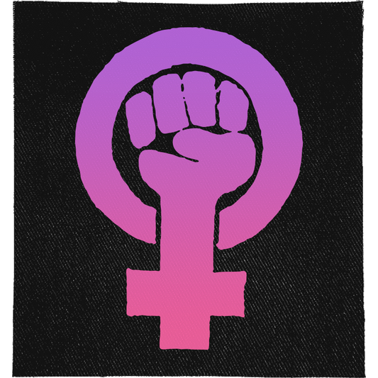 Feminist Fist Full Colour Patch: raised fist inside a female symbol in a purple to pink gradient