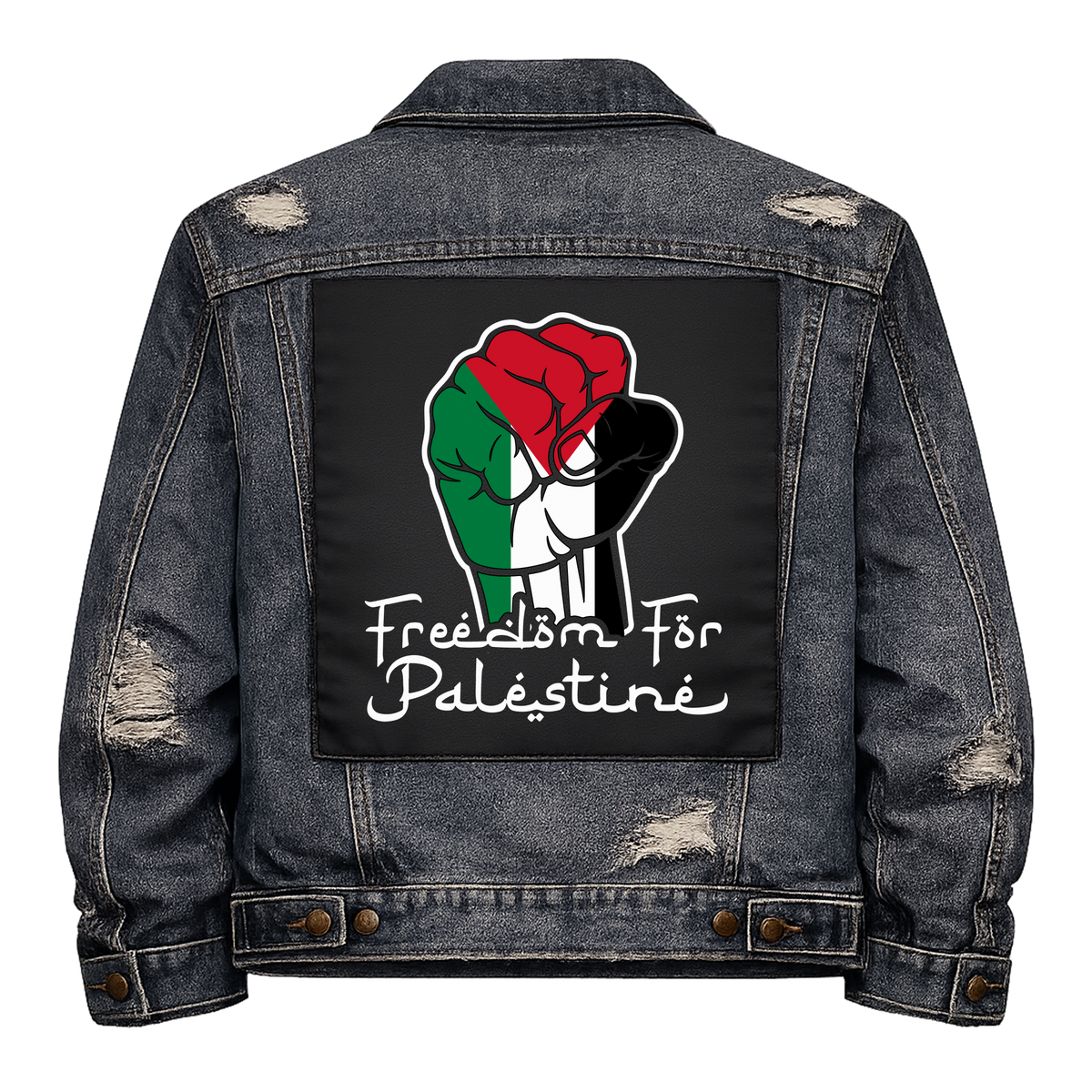 Freedom for Palestine Full Colour Back Patch shown on the back of a distressed denim jacket: raised fist in Palestinian flag colours above script lettering, reading "FREEDOM FOR PALESTINE"