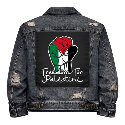 Freedom for Palestine Full Colour Back Patch shown on the back of a distressed denim jacket: raised fist in Palestinian flag colours above script lettering, reading "FREEDOM FOR PALESTINE"