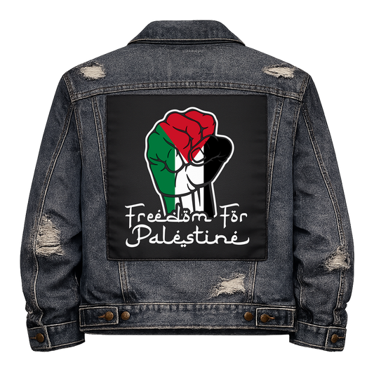 Freedom for Palestine Full Colour Back Patch shown on the back of a distressed denim jacket: raised fist in Palestinian flag colours above script lettering, reading "FREEDOM FOR PALESTINE"