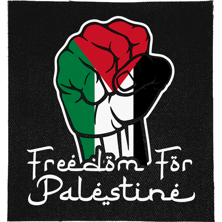Freedom for Palestine Full Colour Patch: raised fist in Palestinian flag colours above script lettering, reading "FREEDOM FOR PALESTINE"