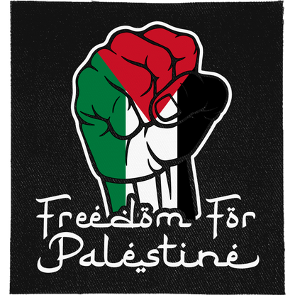 Freedom for Palestine Full Colour Patch: raised fist in Palestinian flag colours above script lettering, reading "FREEDOM FOR PALESTINE"