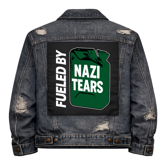 Fueled by Nazi Tears Full Colour Back Patch shown on the back of a distressed denim jacket: green jerry can labelled NAZI TEARS with FUELED BY running up the side, reading "FUELED BY NAZI TEARS"