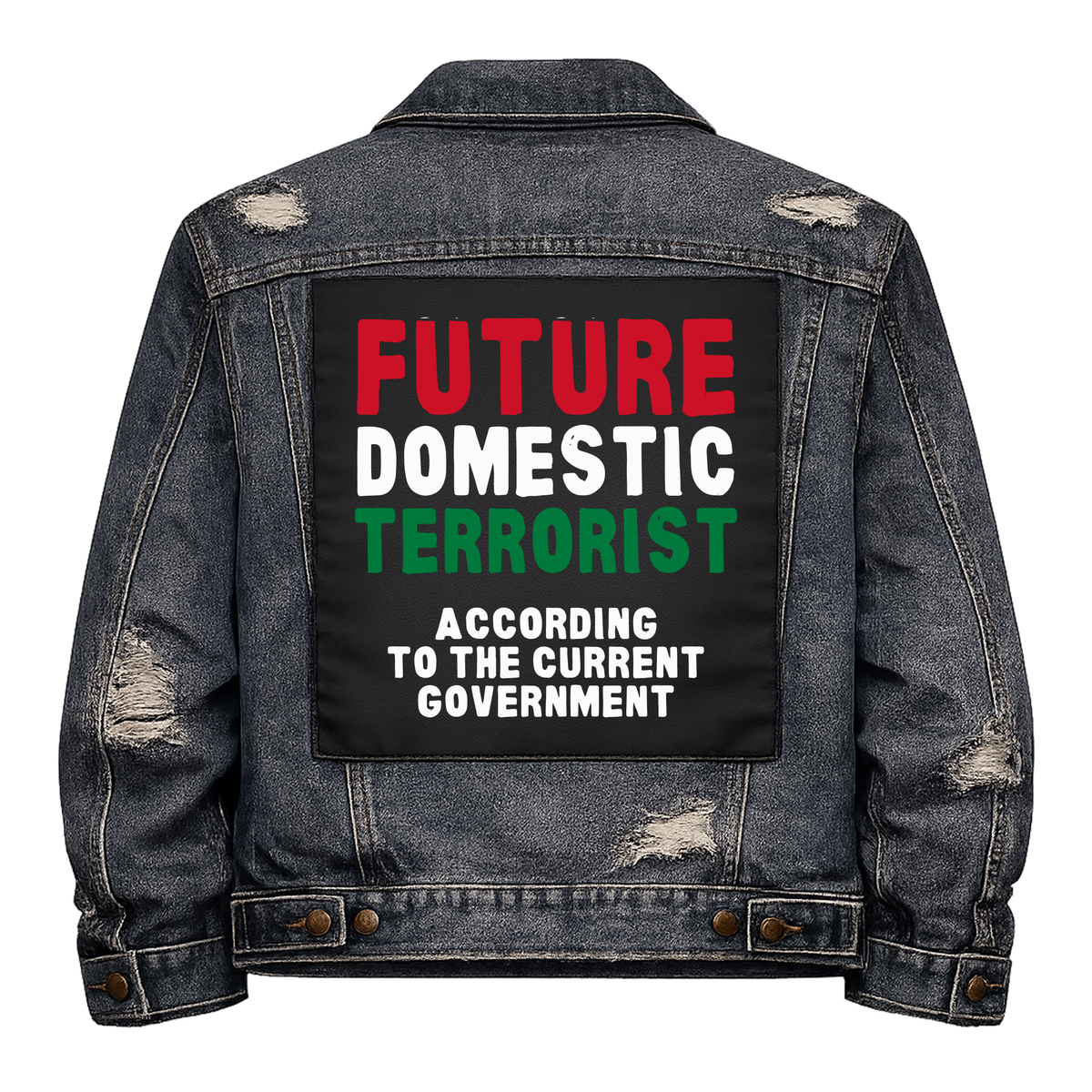 Future Domestic Terrorist Full Colour Back Patch shown on the back of a distressed denim jacket: red, white and green condensed capitals, reading "FUTURE DOMESTIC TERRORIST ACCORDING TO THE CURRENT GOVERNMENT"