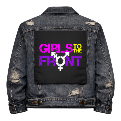 Girls to the Front Full Colour Back Patch shown on the back of a distressed denim jacket: purple and yellow lettering with a transgender symbol as the O, reading "GIRLS TO THE FRONT"