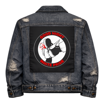 Good Night White Pride Full Colour Back Patch shown on the back of a distressed denim jacket: figure kicking a fallen neo-Nazi inside a red ring, reading "GOOD NIGHT WHITE PRIDE"
