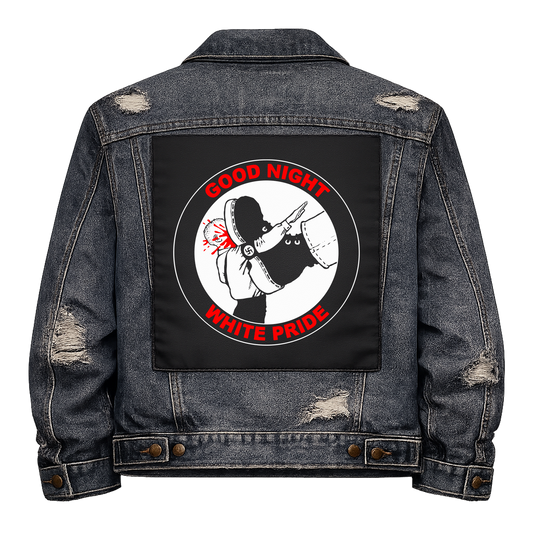 Good Night White Pride Full Colour Back Patch shown on the back of a distressed denim jacket: figure kicking a fallen neo-Nazi inside a red ring, reading "GOOD NIGHT WHITE PRIDE"