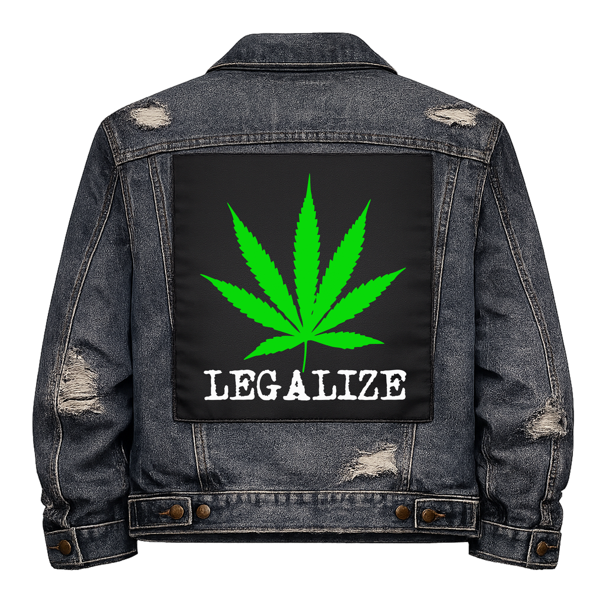 Legalize Full Colour Back Patch shown on the back of a distressed denim jacket: green cannabis leaf, reading "LEGALIZE"
