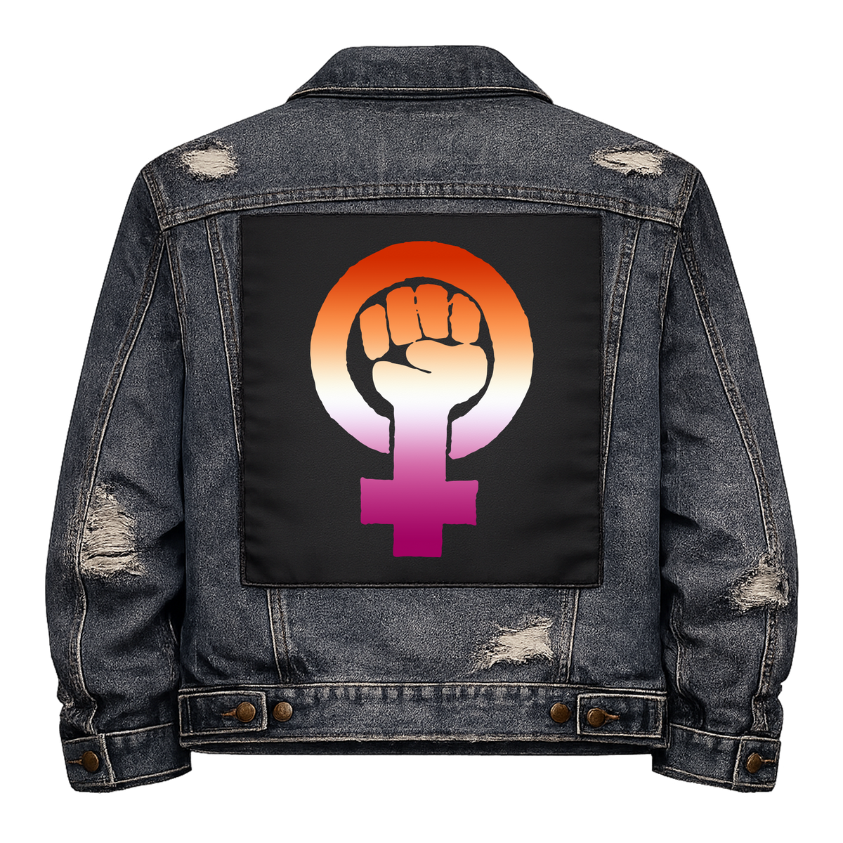 Lesbian Feminist Fist Full Colour Back Patch shown on the back of a distressed denim jacket: raised fist inside a female symbol in lesbian flag colours