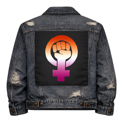 Lesbian Feminist Fist Full Colour Back Patch shown on the back of a distressed denim jacket: raised fist inside a female symbol in lesbian flag colours