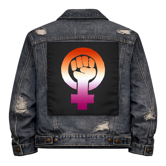 Lesbian Feminist Fist Full Colour Back Patch shown on the back of a distressed denim jacket: raised fist inside a female symbol in lesbian flag colours
