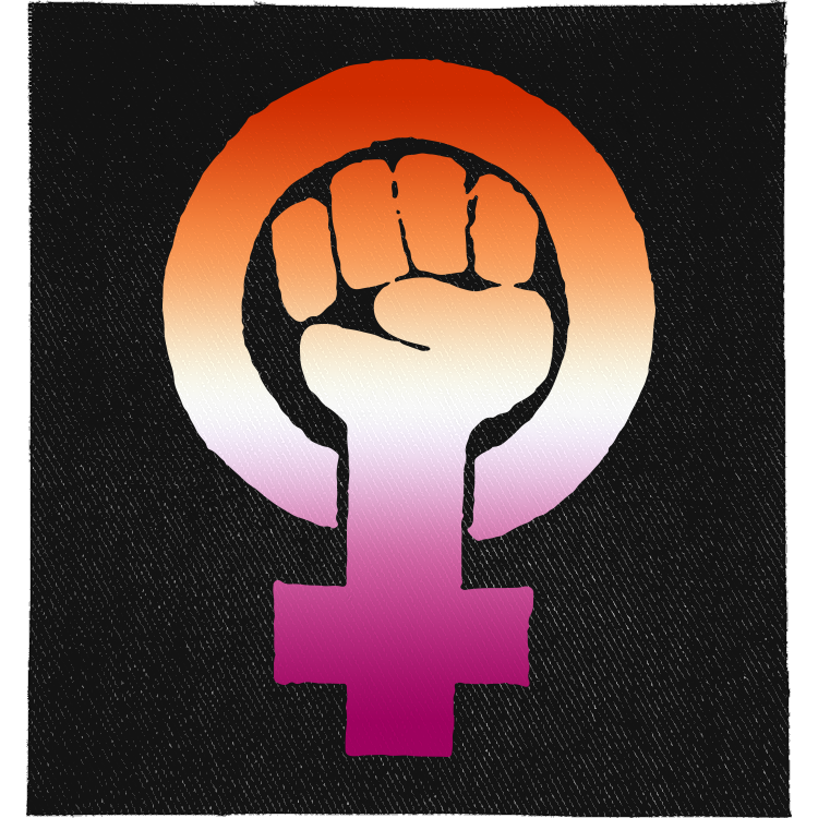 Lesbian Feminist Fist Full Colour Patch: raised fist inside a female symbol in lesbian flag colours