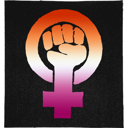 Lesbian Feminist Fist Full Colour Patch: raised fist inside a female symbol in lesbian flag colours