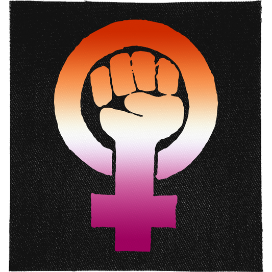 Lesbian Feminist Fist Full Colour Patch: raised fist inside a female symbol in lesbian flag colours