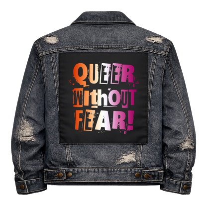 Lesbian Queer Without Fear Full Colour Back Patch shown on the back of a distressed denim jacket: ransom-note letters in lesbian flag orange, white and pink, reading "QUEER WITHOUT FEAR!"