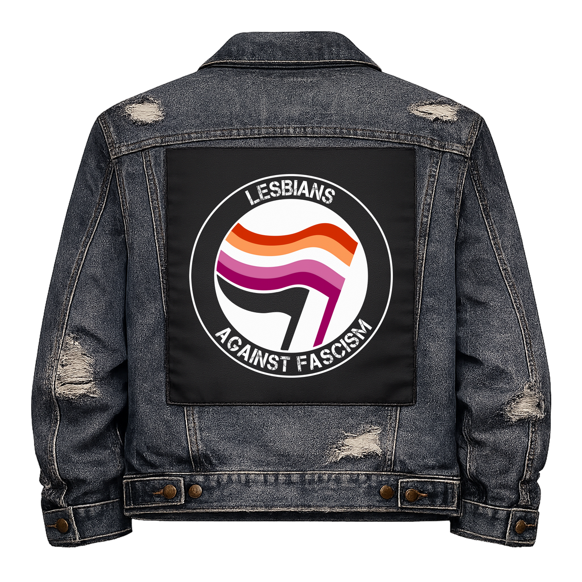 Lesbians Against Fascism Full Colour Back Patch shown on the back of a distressed denim jacket: antifa-style roundel with lesbian flags, reading "LESBIANS AGAINST FASCISM"